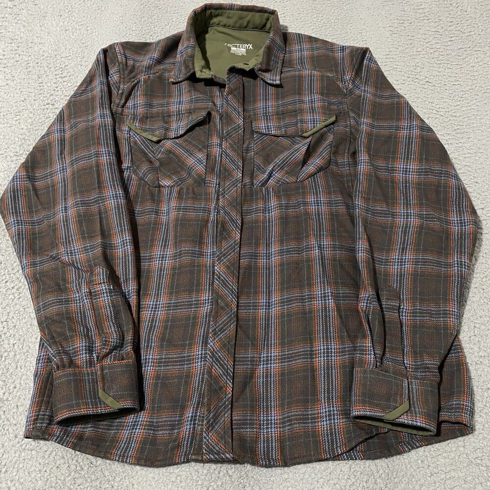 Arc'teryx Flannel Shirt Mens Small Gray Brown Hidden Snap Wool Blend Outdoor